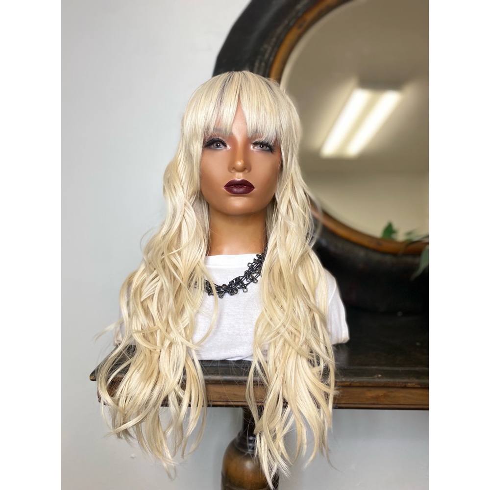 CLEARANCE SHY| LONG BLONDE WAVY 613 PLATINUM BLONDE WITH BROWN ROOTS WIG
